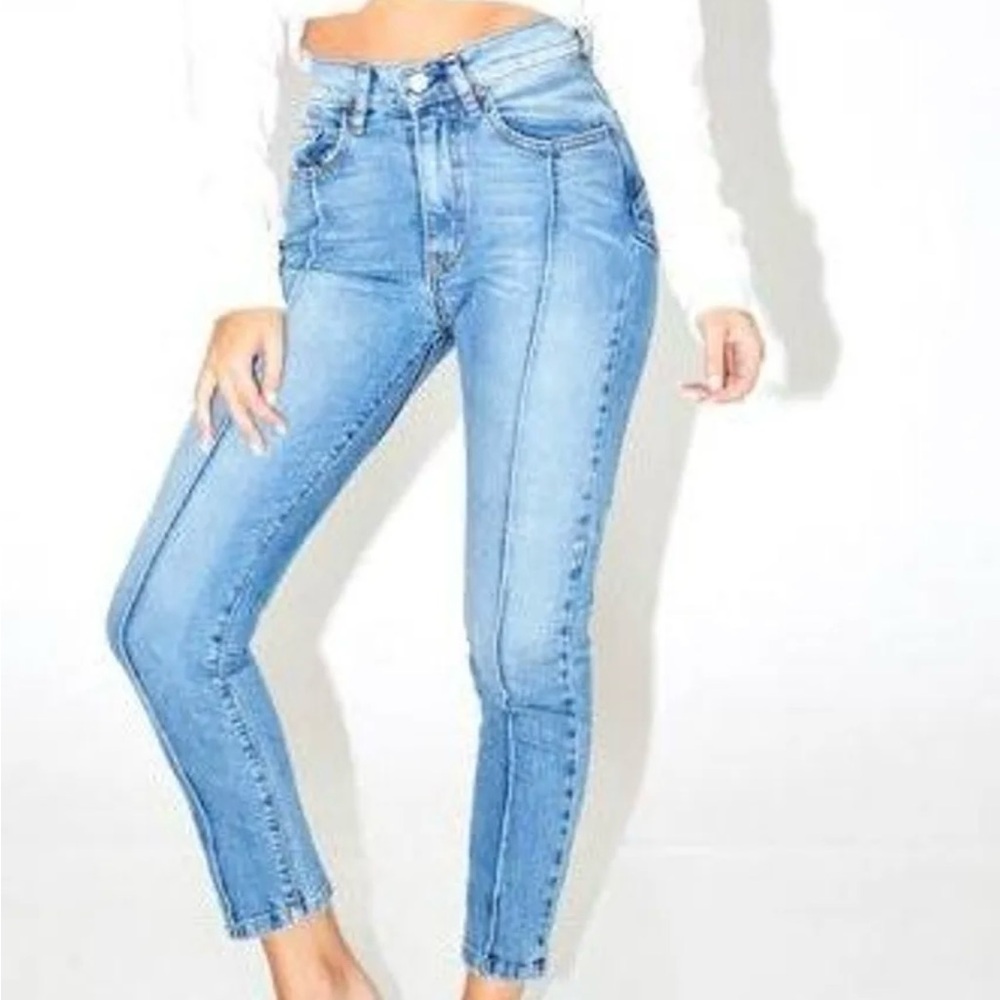 Light Blue High Rise Skinny Jeans with Ankle Length and Raw Hem